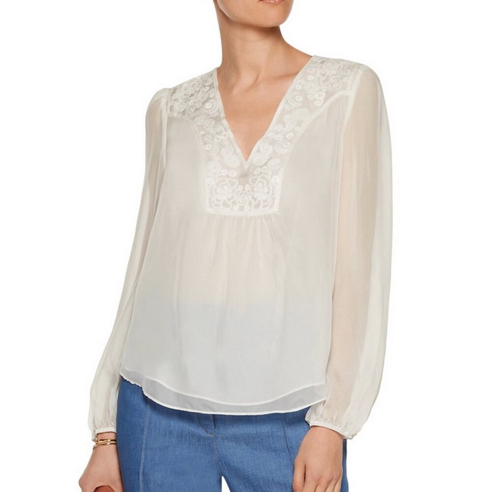 NWT Diane von Furstenberg DVF Silk Embroidered Blouse-V-Neck Top-Work to Weekend